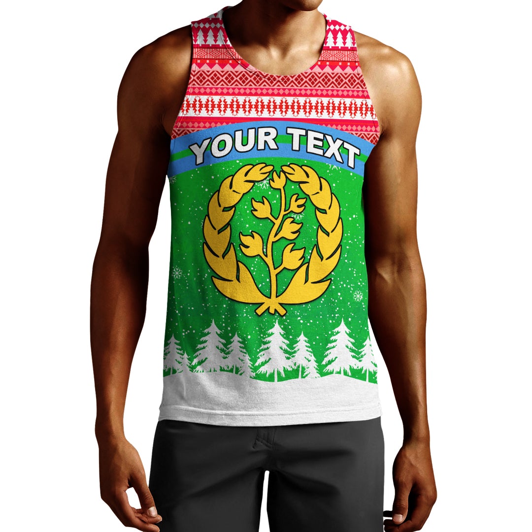 Men’s tank top red neckline, green holiday pattern with wreath and 'YOUR TEXT'