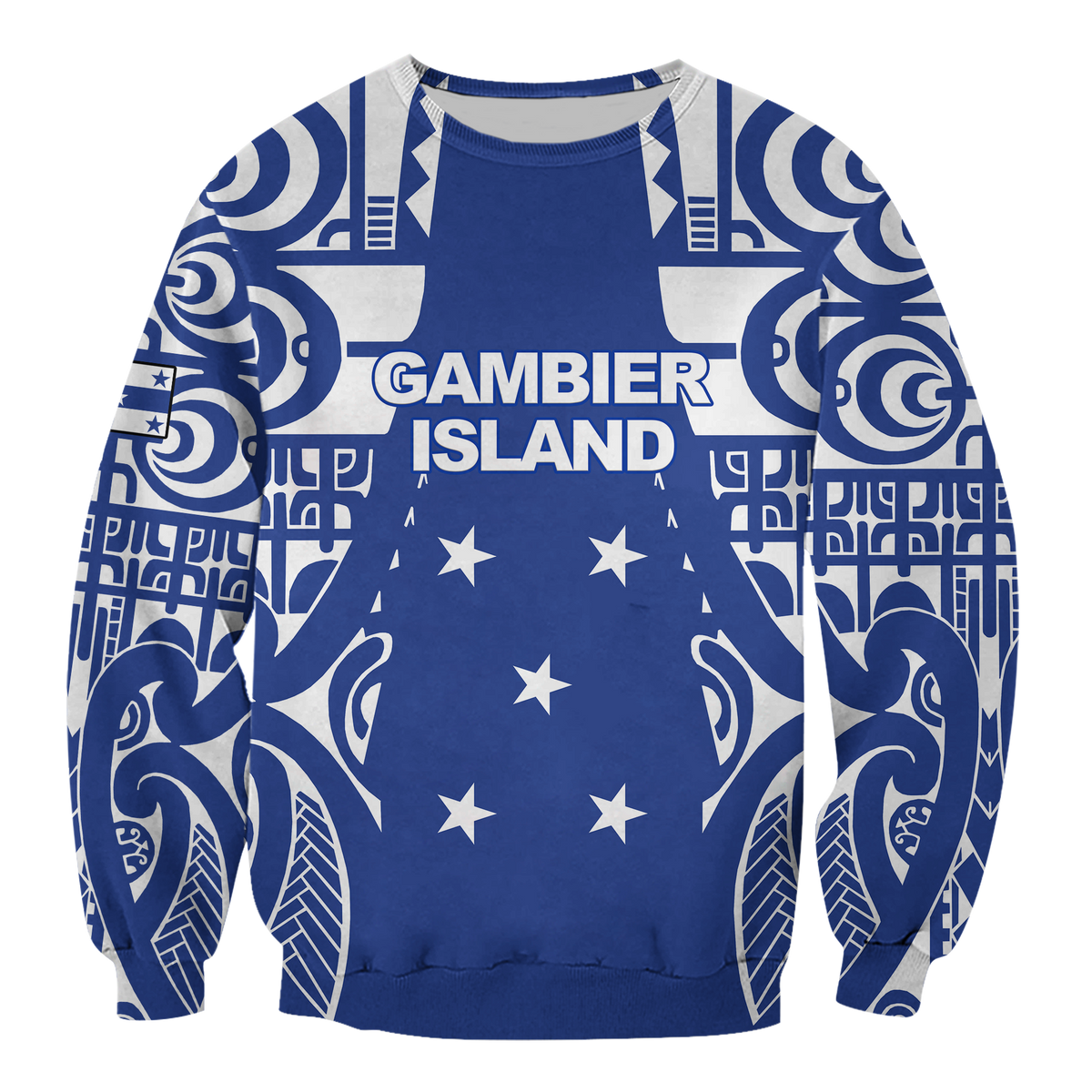 Unisex tribal tattoo sweatshirt, blue with white graphic print and crew neck