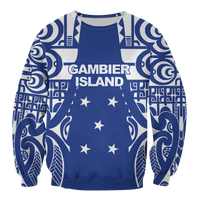 Unisex tribal tattoo sweatshirt, blue with white graphic print and crew neck