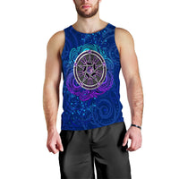 Blue Celtic pentagram tank top with circular triskele design, purple and gray print