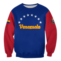 Blue baseball sweatshirt, red sleeves; Venezuela star graphic; custom text