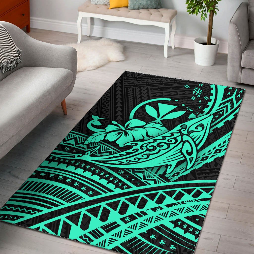 Hawaii Humpback Whale With Hibiscus Tribal Turquoise Area Rug LT12 - Wonder Print Shop