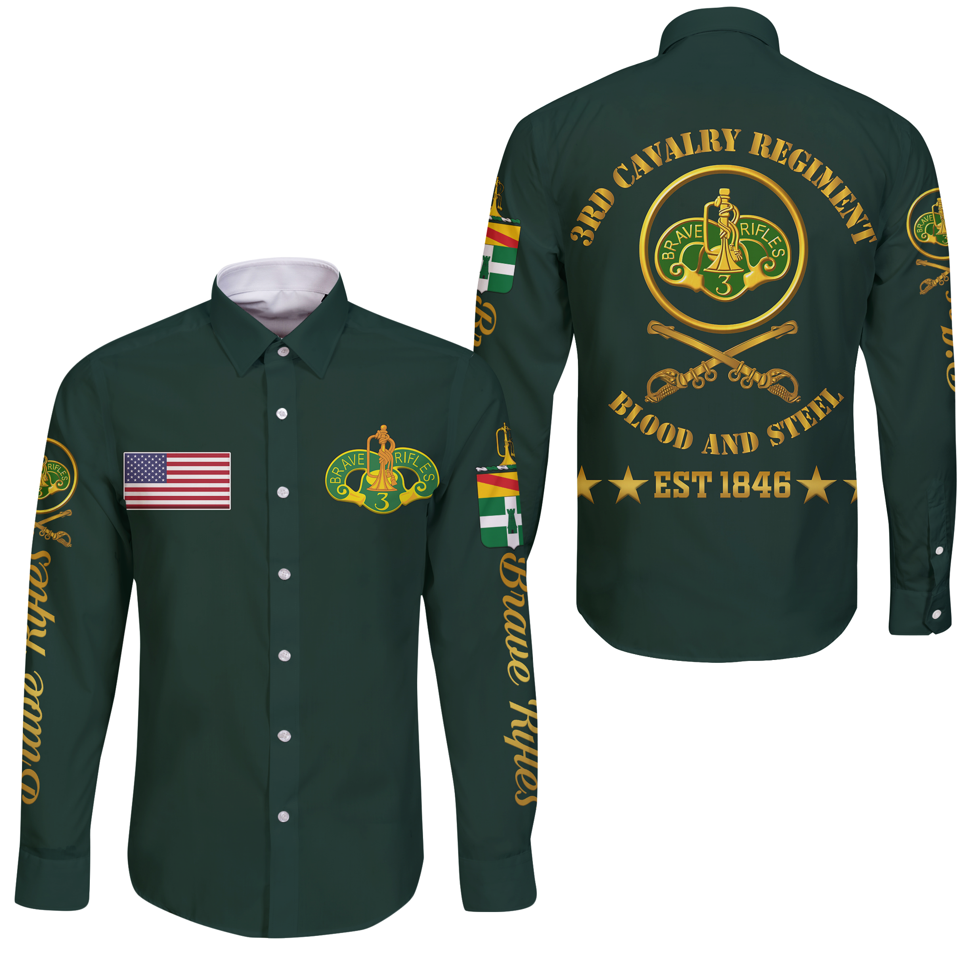 3rd Cavalry Regiment (United States) Brave Rifles Long Sleeve Button Shirt LT12 - Wonder Print Shop