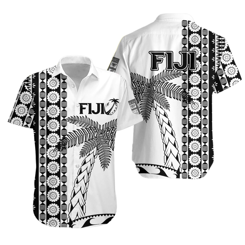 White unisex rugby-style shirt with Fiji logo, coconut tree, tapa and floral geometric print