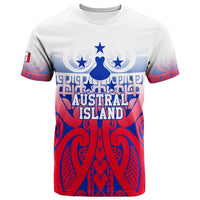 Austral Islands tribal tattoo T-shirt, white with blue/red front graphic and stars