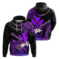 Black graphic hoodie with purple turtle and plumeria, hood with drawstring, front print