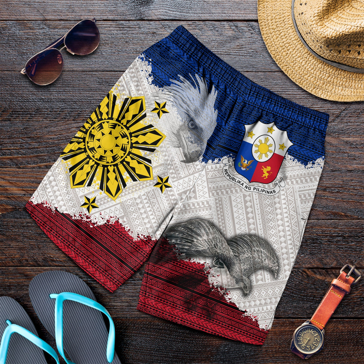 Men's printed athletic shorts with blue, white, red tribal eagle and emblem design