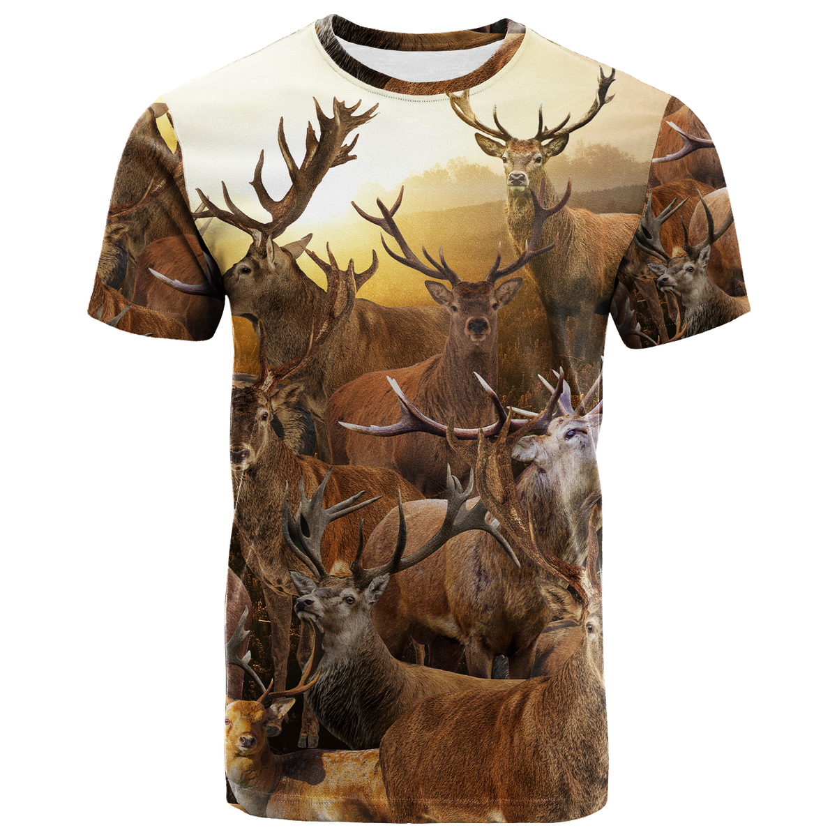 Deer graphic T-shirt, cream with brown and orange wild deer print, short sleeves