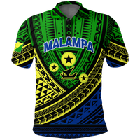 Green tribal-pattern polo shirt with button placket, blue collar trim, yellow star badges