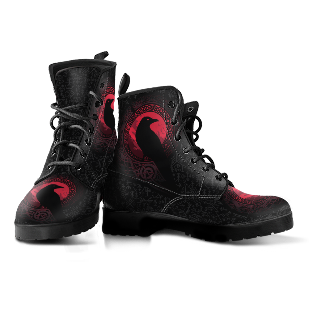 Black Viking leather boots with red raven graphic, lace-up ankle design