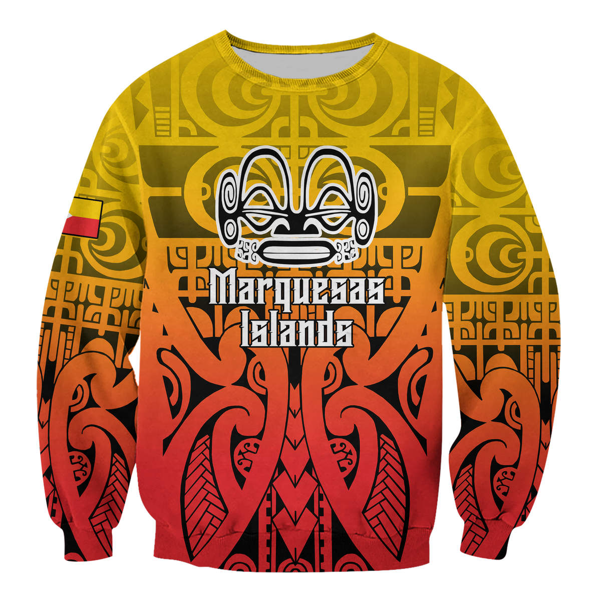 Multicolor Marquesan tattoo sweatshirt with tribal mask graphic and island text, unisex