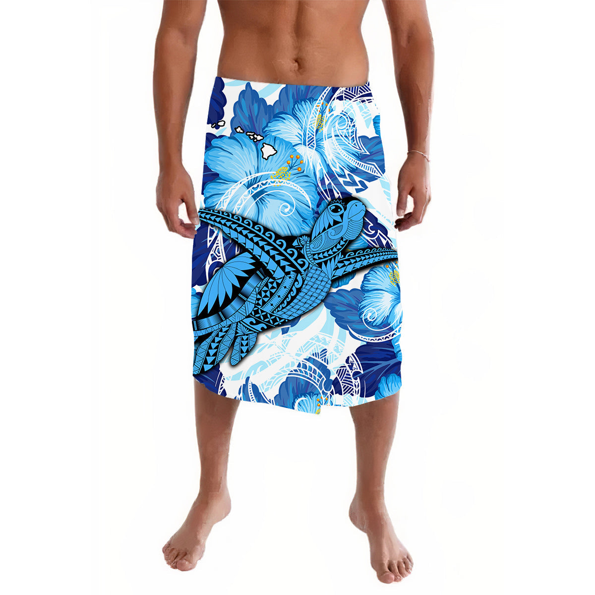 Blue lavalava sarong with turtle and hibiscus floral print, knee length