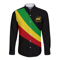 Black long-sleeve button shirt with Ethiopia flag diagonal front print