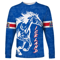 Blue long-sleeve shirt with white Iceland horse graphic, red-white-blue stripe accents
