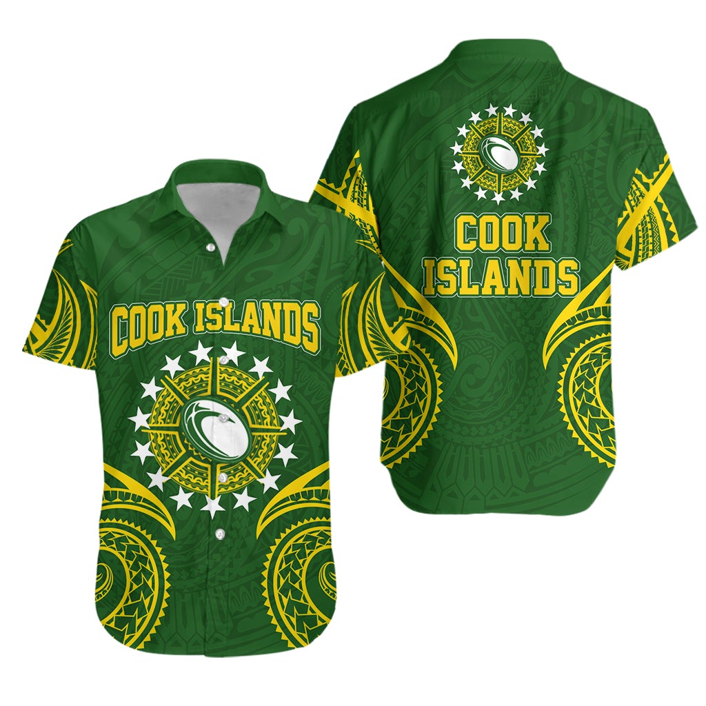 Cook Islands Rugby Hawaiian shirt grün mit Tribal-Logo & kurzarm Knopfleiste
