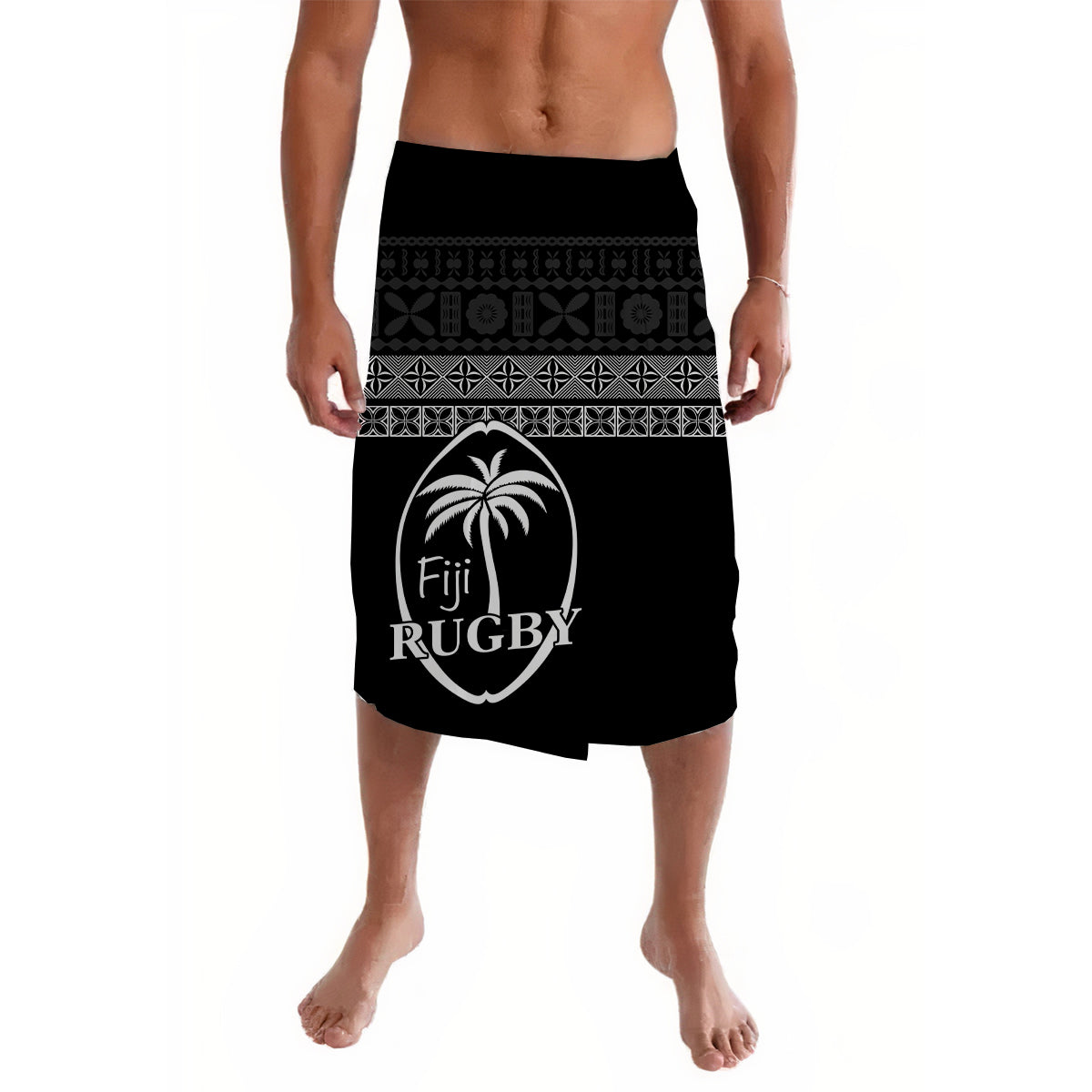 Black rugby lavalava with Fiji Rugby crest and geometric border band