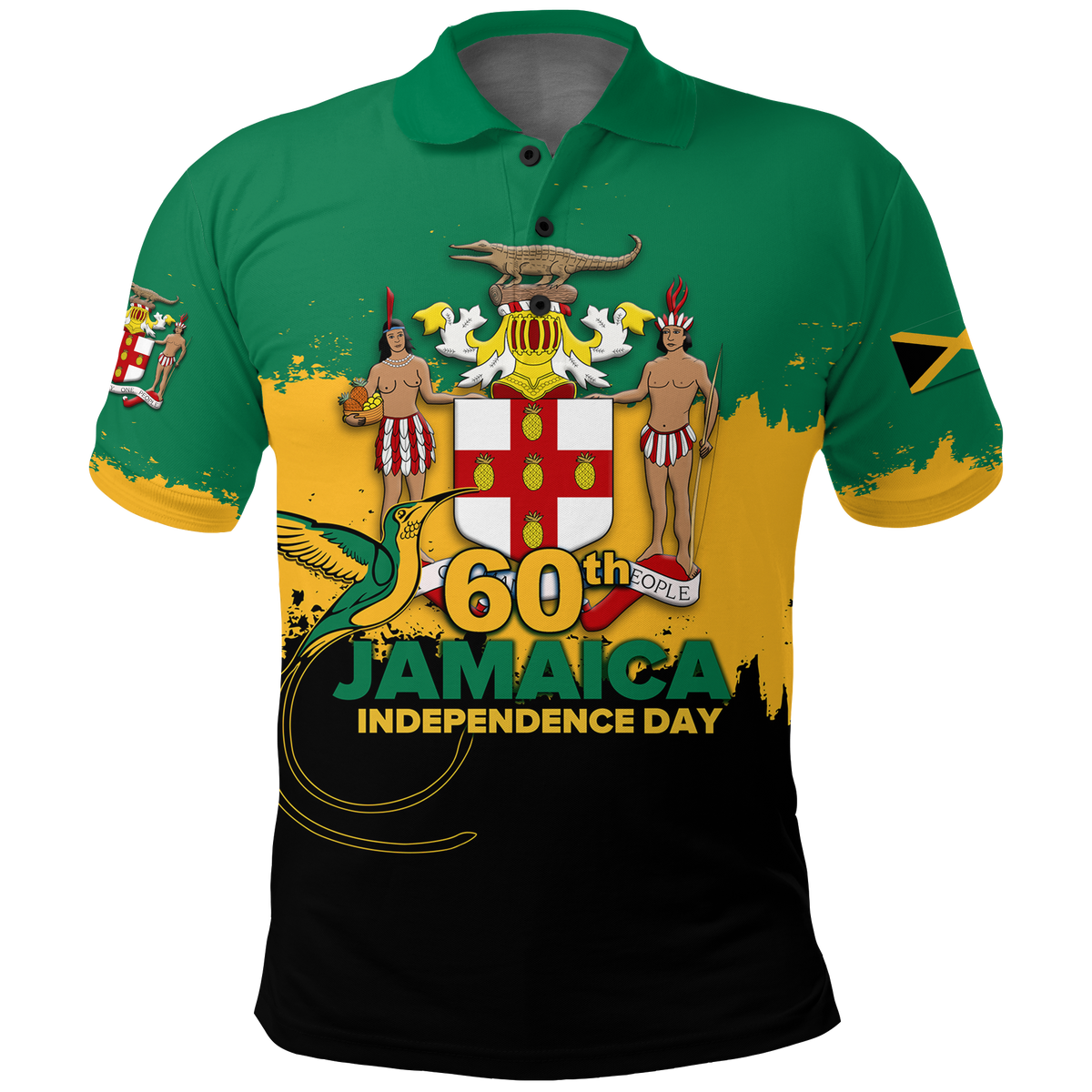Green polo shirt with Jamaica Independence Day 60th anniversary crest graphic