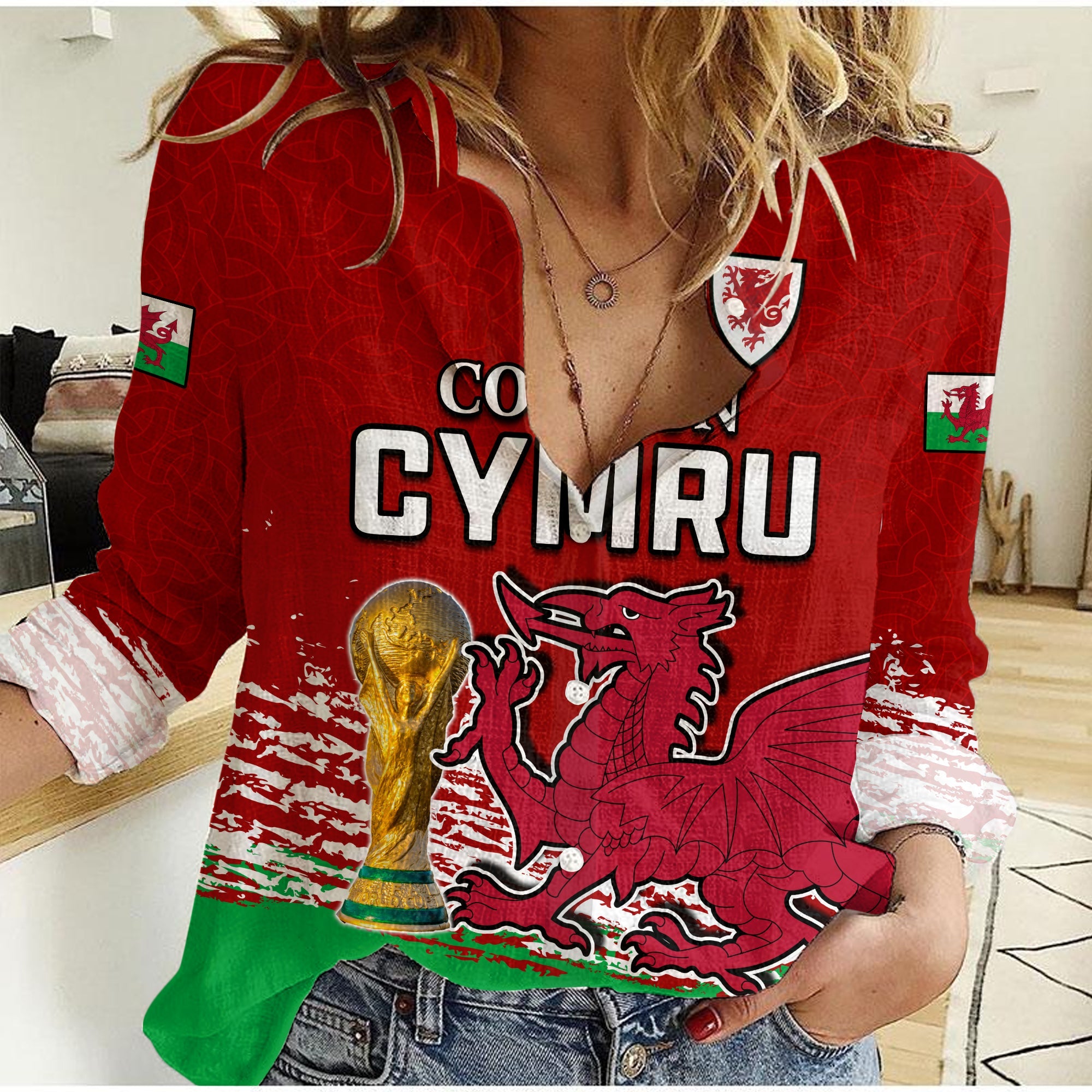 custom-text-and-number-wales-football-women-casual-shirt-come-on-cymru-the-red-wall-champions-wolrd-cup