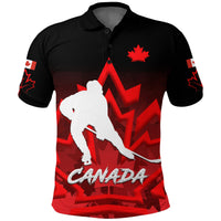 Custom Canada hockey polo: red maple leaf, white player, red/black pattern