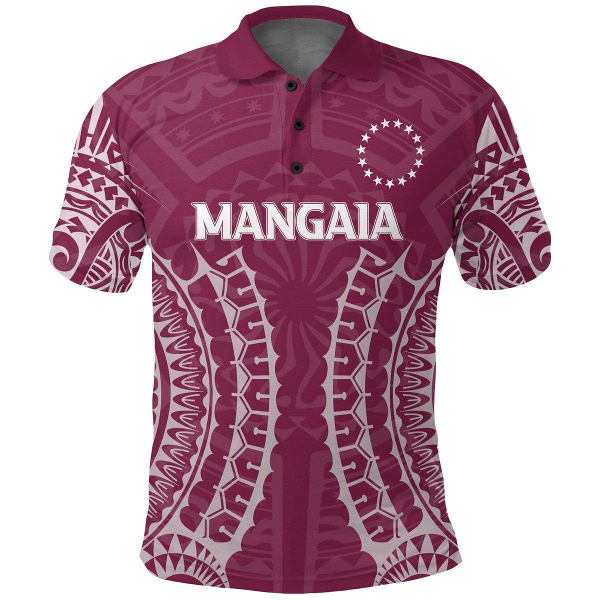 Pink polo shirt with tribal Cook Islands Mangaia print and button collar