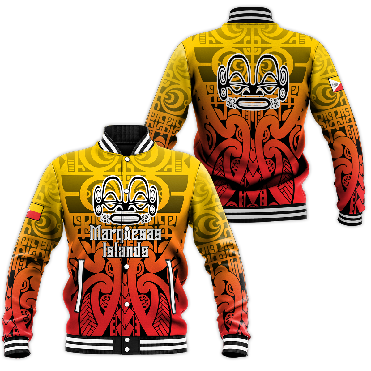 Marquesan tattoo baseball jacket with red, orange, and yellow graphic and striped collar
