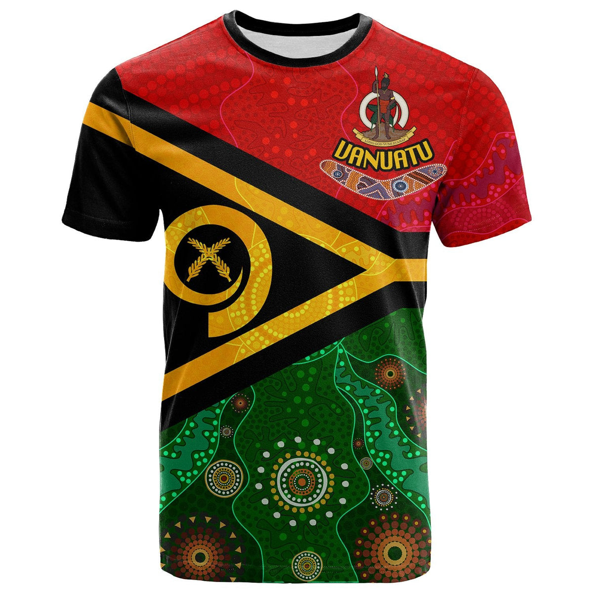 Vanuatu graphic T-shirt with red, black and green Aboriginal patterns and emblem