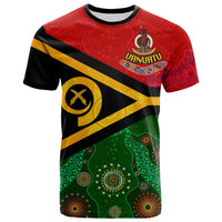 Vanuatu graphic T-shirt with red, black and green Aboriginal patterns and emblem