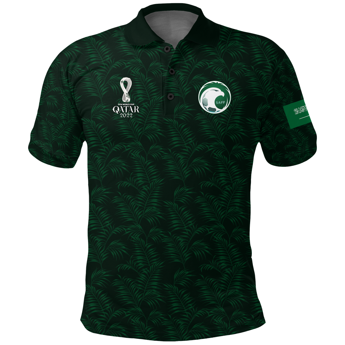 Green polo shirt with dark-green leaf pattern, buttoned collar and chest crest