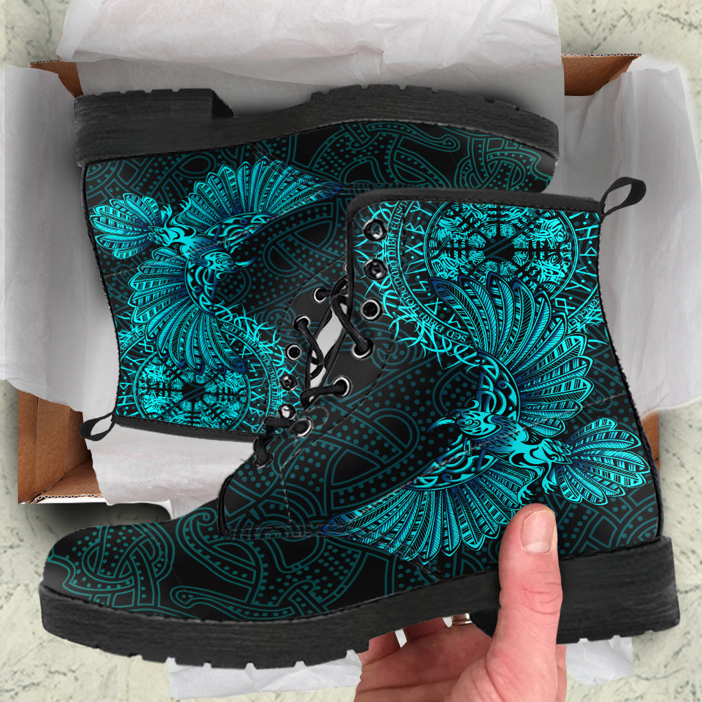 Teal & black lace-up boots with Viking raven tattoo-style artwork