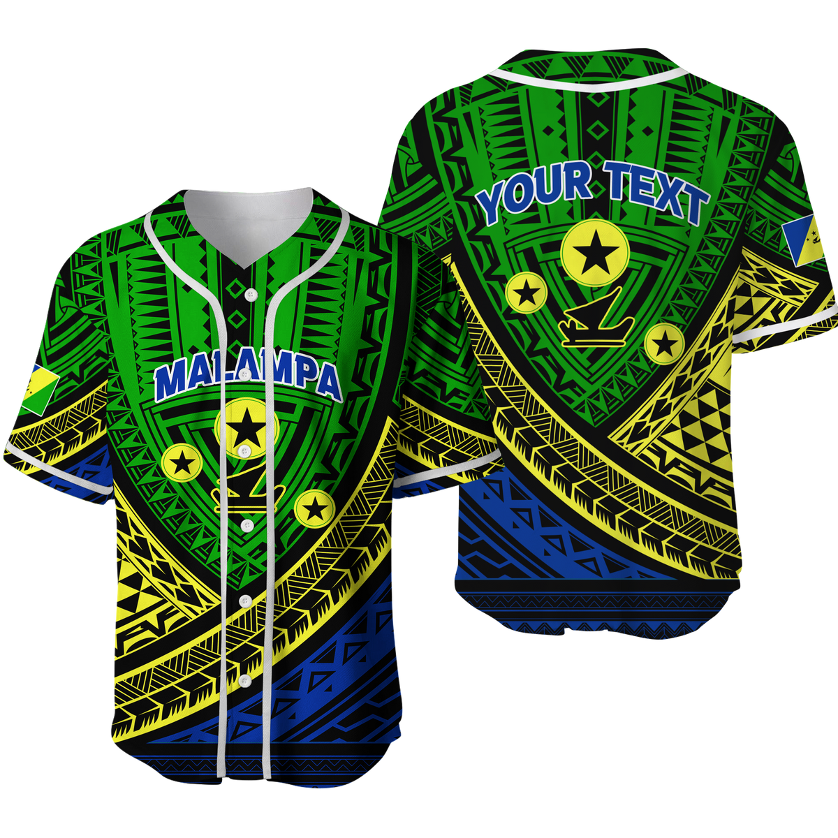 Green baseball jersey with tribal geometric pattern, button front, and custom text chest