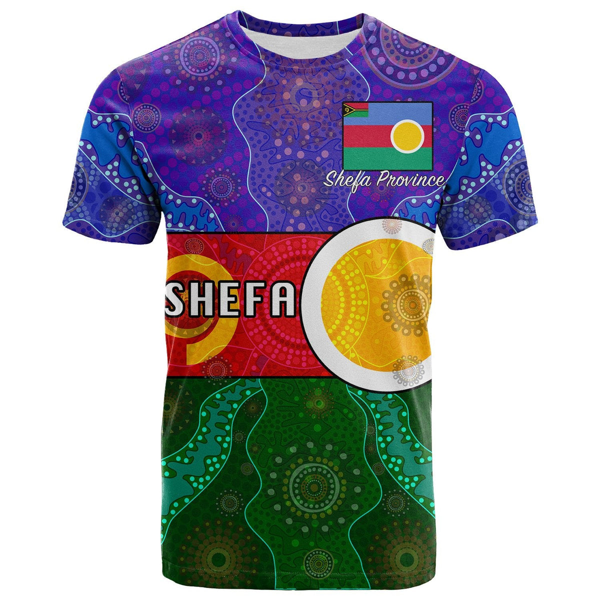 T-shirt with Shefa Province print, flag graphic, and multicolor Aboriginal pattern front
