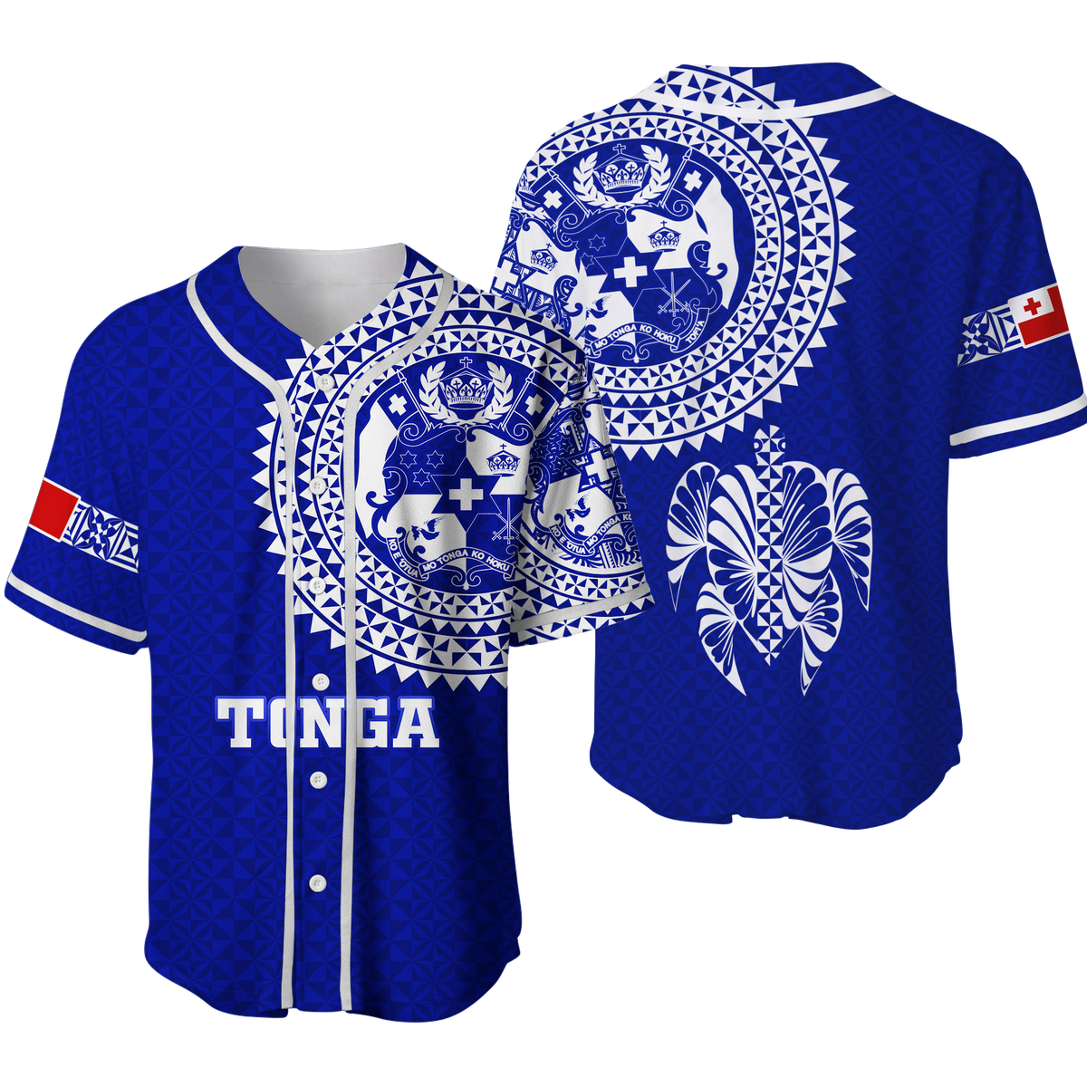 Tonga blue baseball jersey with turtle crest, geometric pattern, button front and stripes