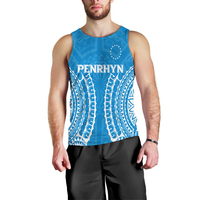 Men’s blue tribal print tank top with PENRHYN logo across the chest