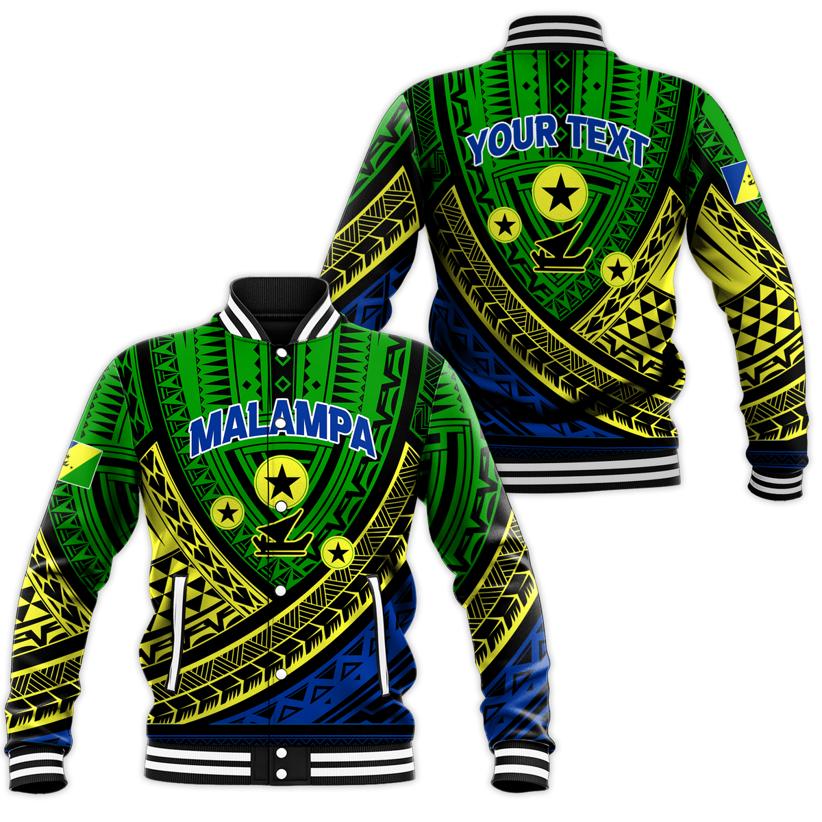Green tribal patterned baseball jacket, varsity snap front, striped rib collar and cuffs