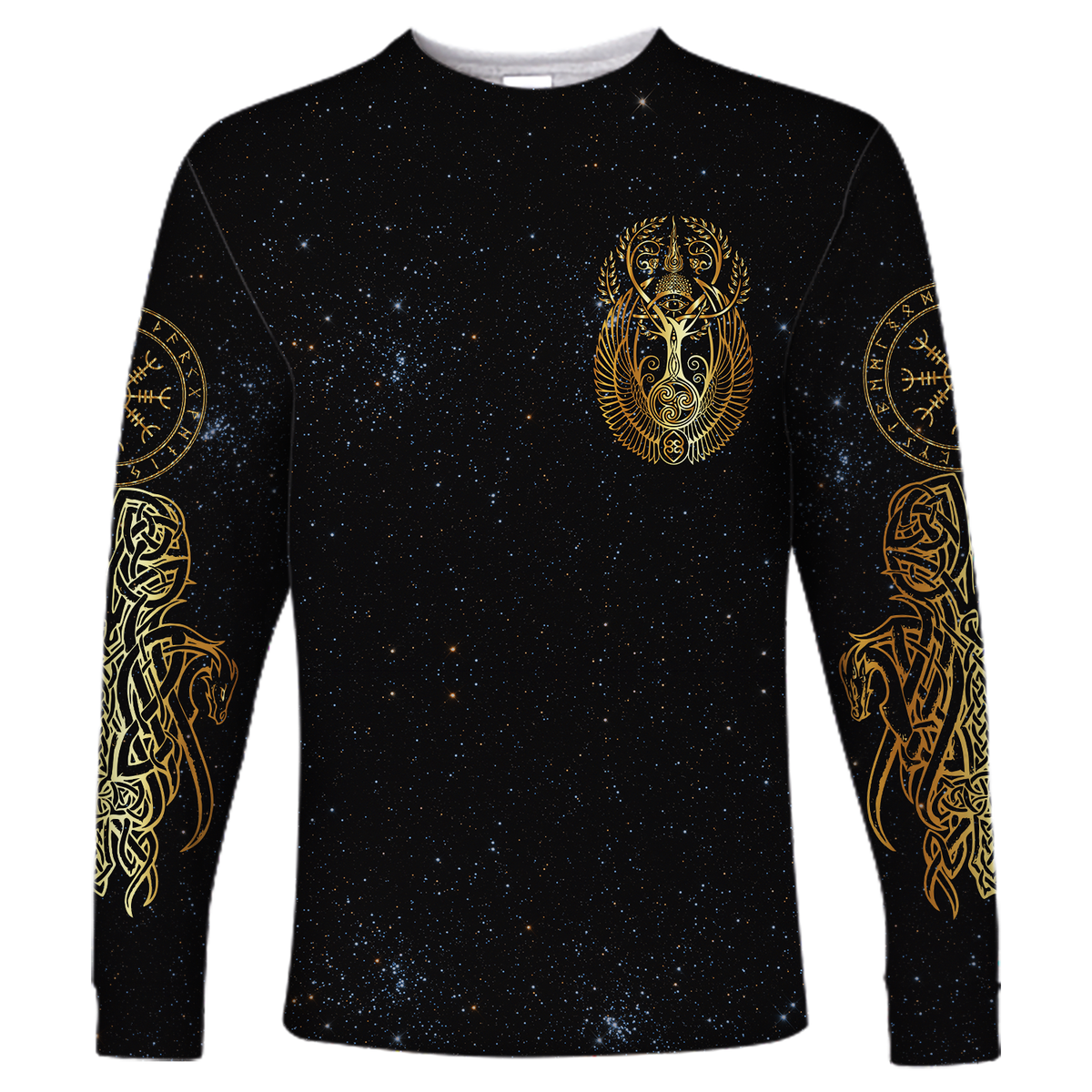 Black long-sleeve shirt with gold Odin head graphic and rune sleeves