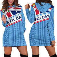 Blue Fiji Day hoodie dress with flag & tapa pattern, hood and front pocket