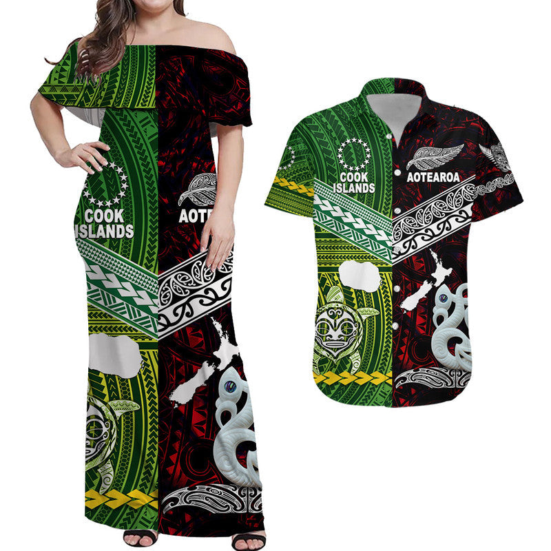 Matching maxi dress + Hawaiian shirt set, off-shoulder red/green island print