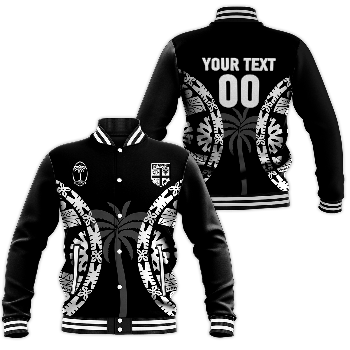 Black baseball jacket with Fijian tapa pattern, palm graphics, and striped ribbed cuffs