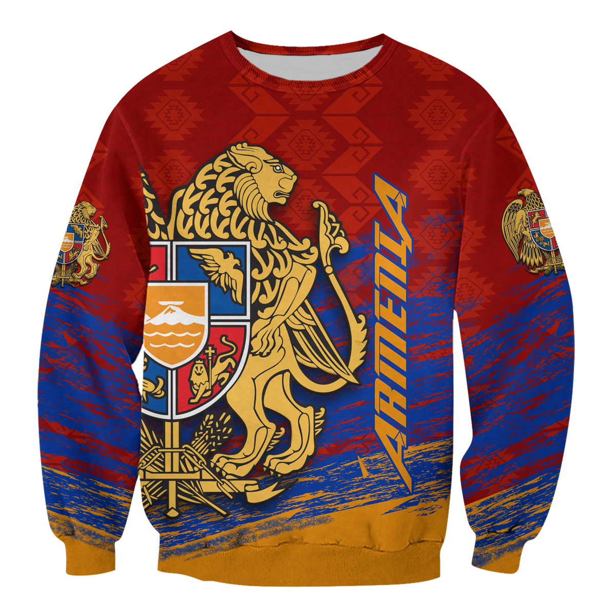 Red crewneck sweatshirt with gold lion crest and blue streak design
