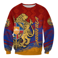 Red crewneck sweatshirt with gold lion crest and blue streak design
