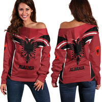 Women's red off-shoulder sweater with Albania eagle graphic and ALBANIA text