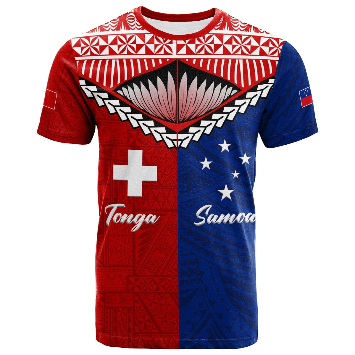 Red/blue pride T-shirt with Tonga cross and Samoa stars front graphic