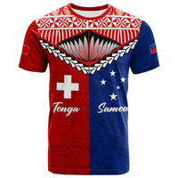 Red/blue pride T-shirt with Tonga cross and Samoa stars front graphic
