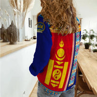 Women’s casual long-sleeve shirt with colorful blue and red back panel print