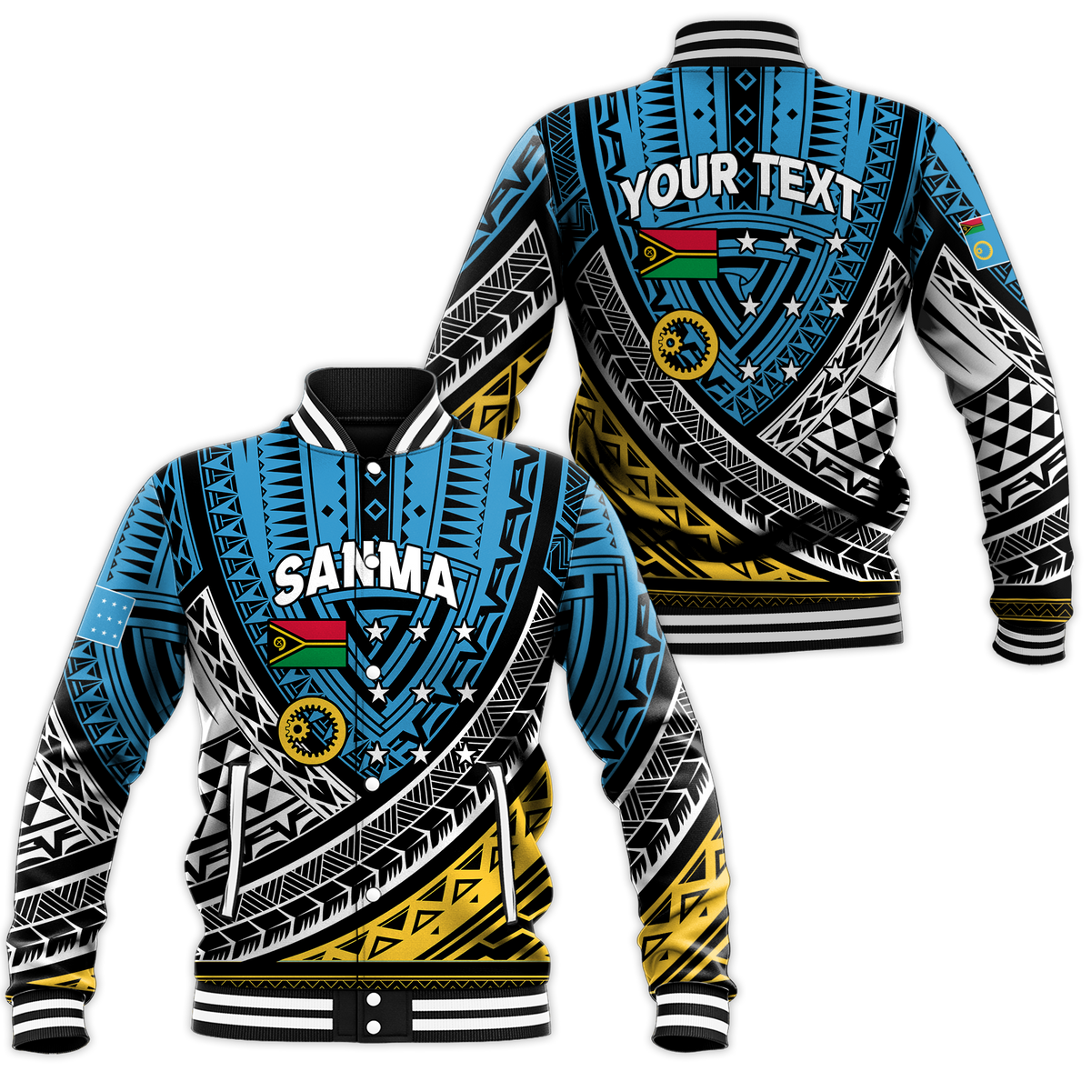 Unisex blue baseball jacket with black/white tribal pattern and yellow accents, snap buttons