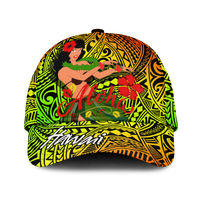 Classic baseball cap with reggae hula girl graphic, hibiscus flowers, and tribal pattern