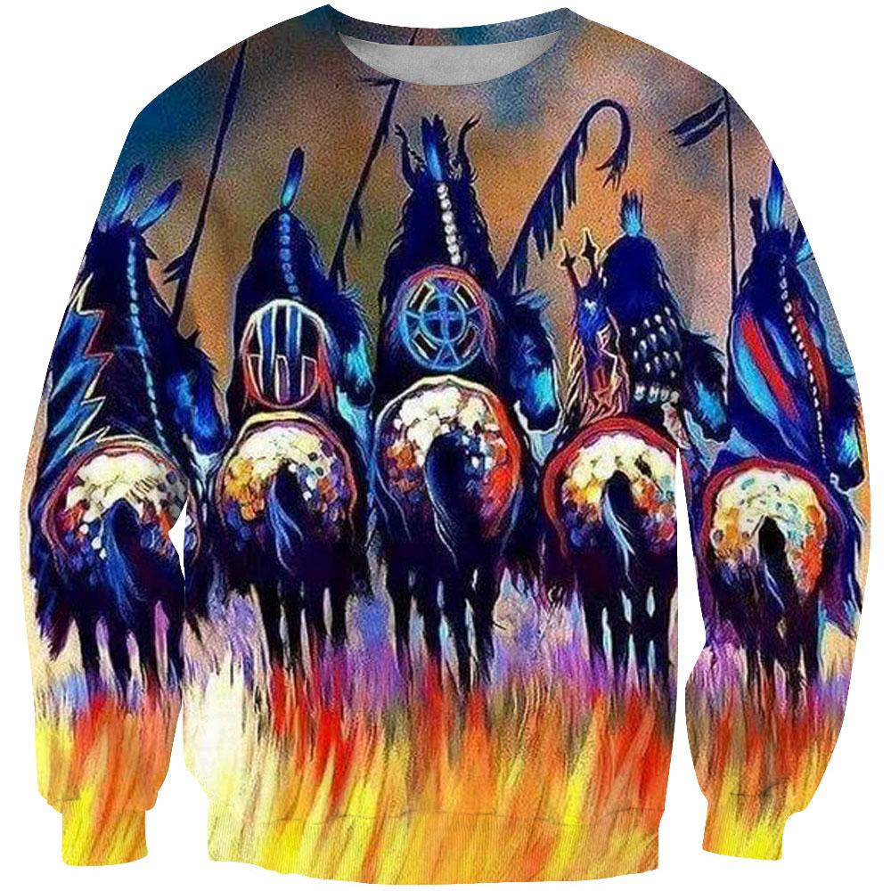 Multicolor 3D-print Native warrior sweatshirt with blue silhouettes and orange flame hem