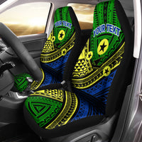 Green/blue tribal seat covers with headrest cutouts and custom “YOUR TEXT” printed