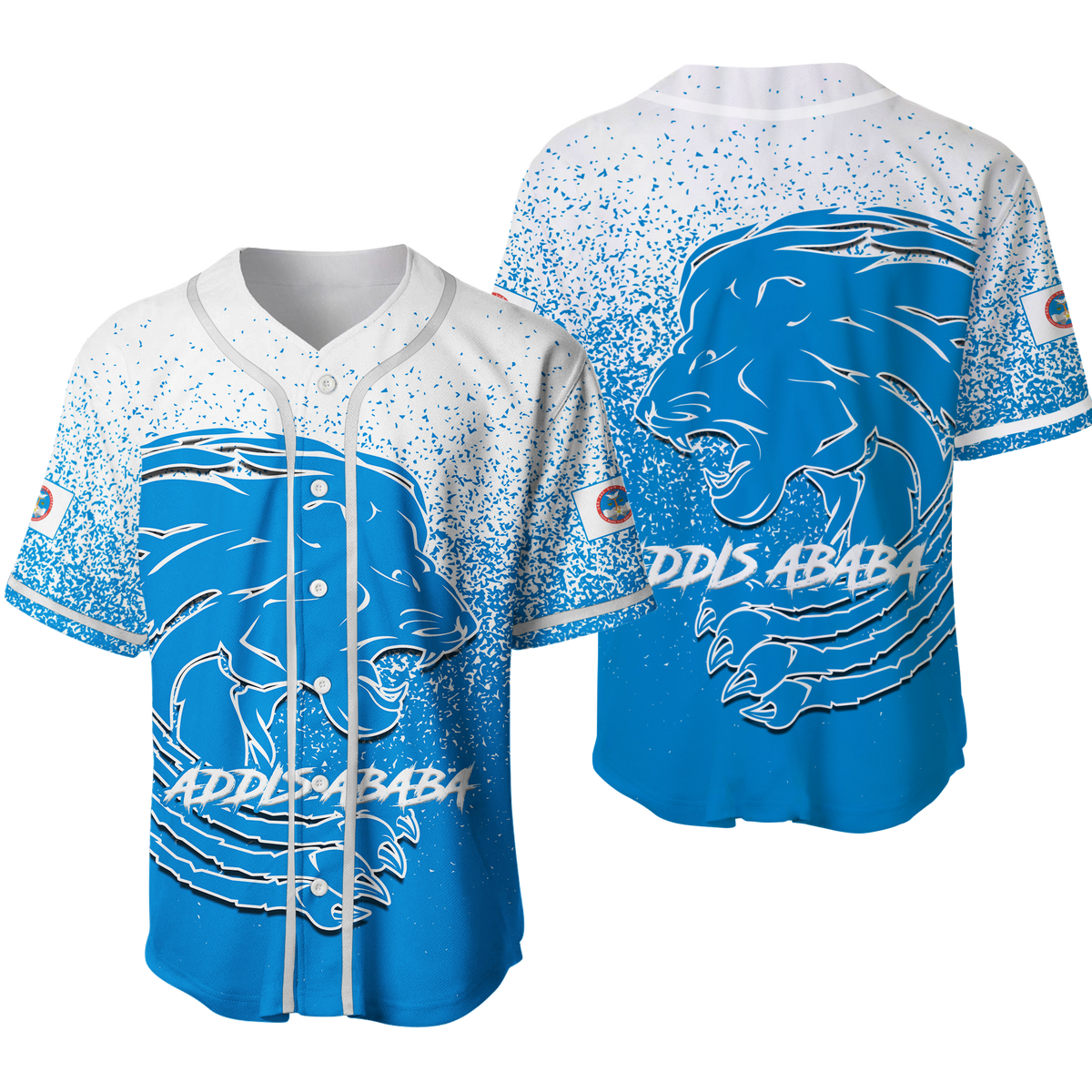 Multicolored baseball jersey with large blue lion graphic and button front