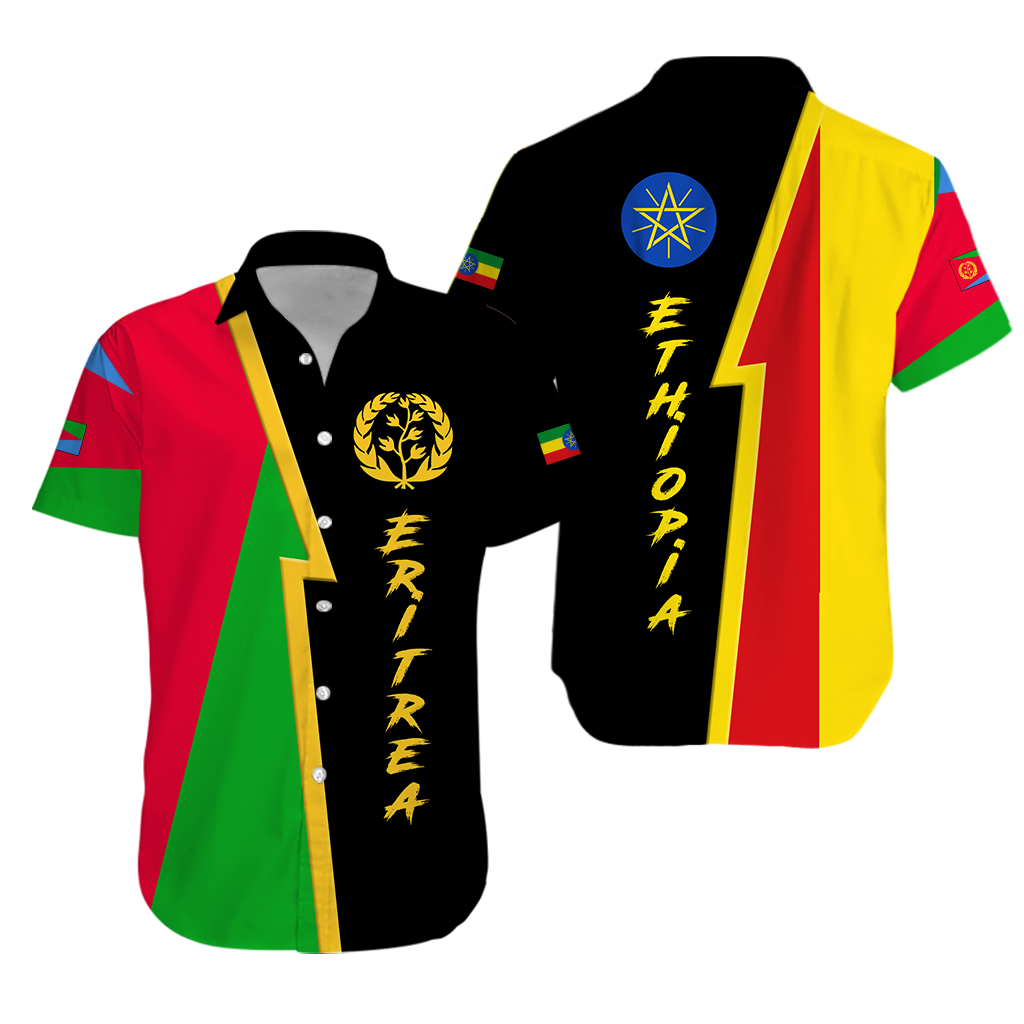 Black Hawaiian button-up with flag panels, blue emblem, gold lettering